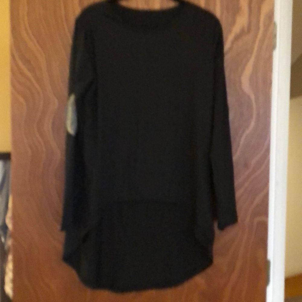 Hi Lo tunic top with glitter patch elbows.